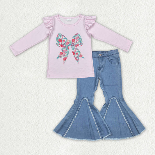 GLP2322 flowers bows pink long sleeve blue bell bottoms jeans girls set