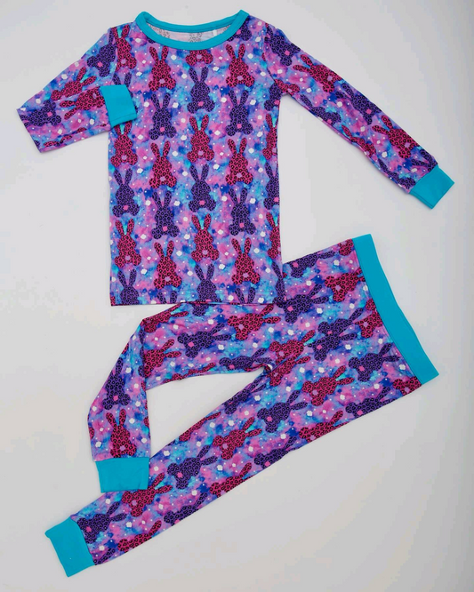 preorder GLP2325 bunny rabbit Easter purple blue ink patter long sleeve pants girls pajamas