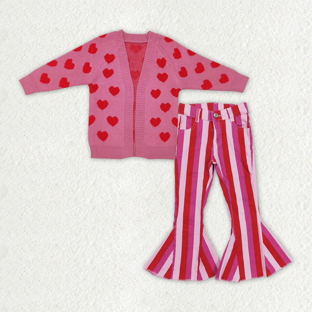 GLP2327 Valentine's Day Pink Heart Sweater Cardigan Hot Pink Striped Jeans Girls Set