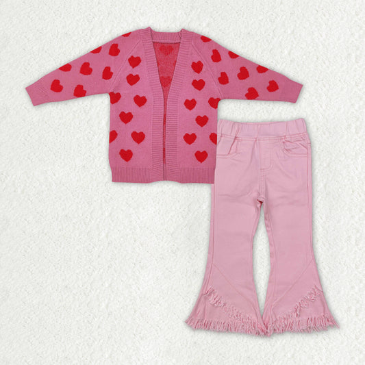 GLP2328 Valentine's Day Pink Heart Sweater Cardigan Pink Tassels Jeans Girls Set