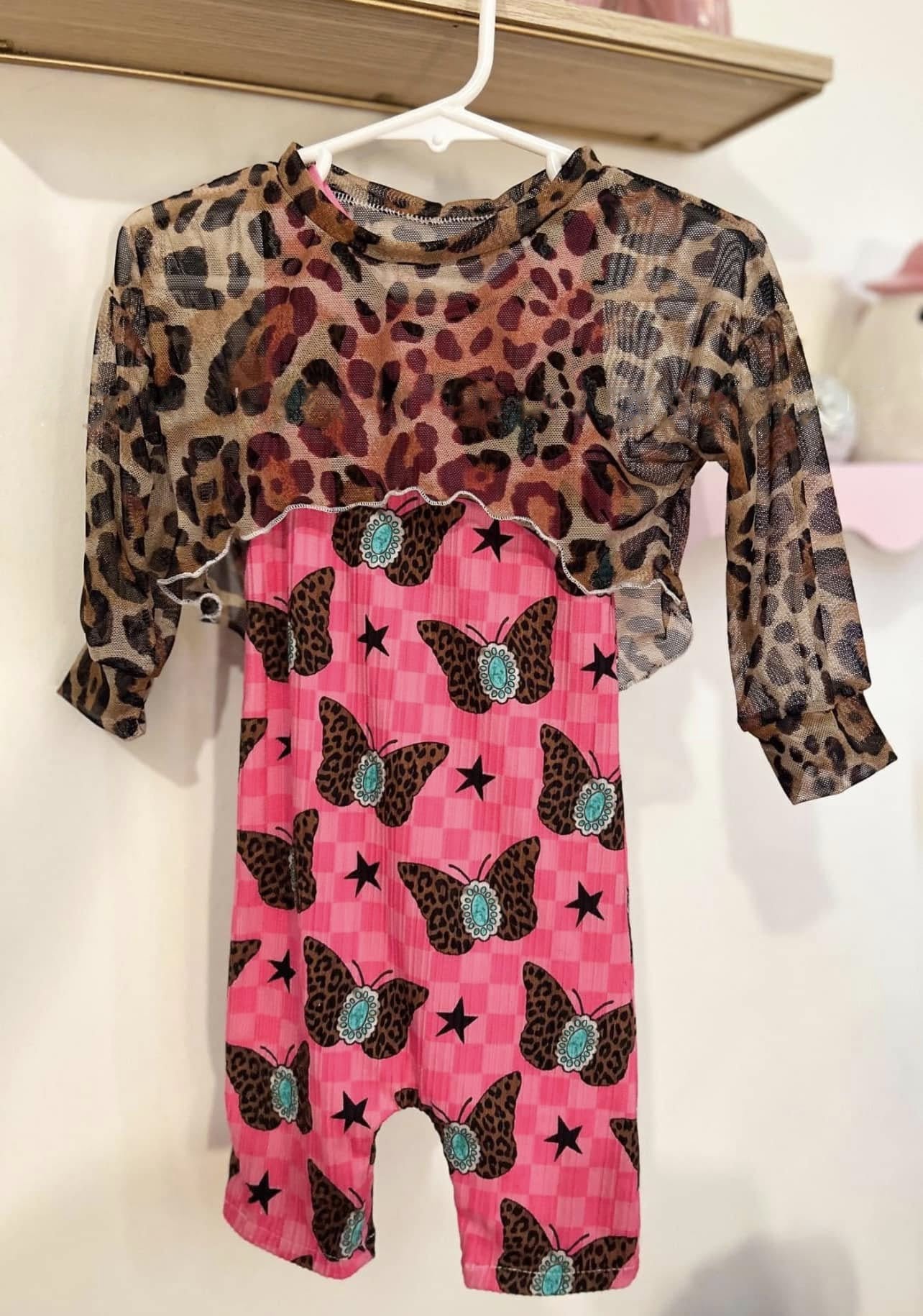 preorder GLP2329 Brown Leopard Lace Long Sleeve Butterfly Turquoise Pink Jumpsuits Girls Set