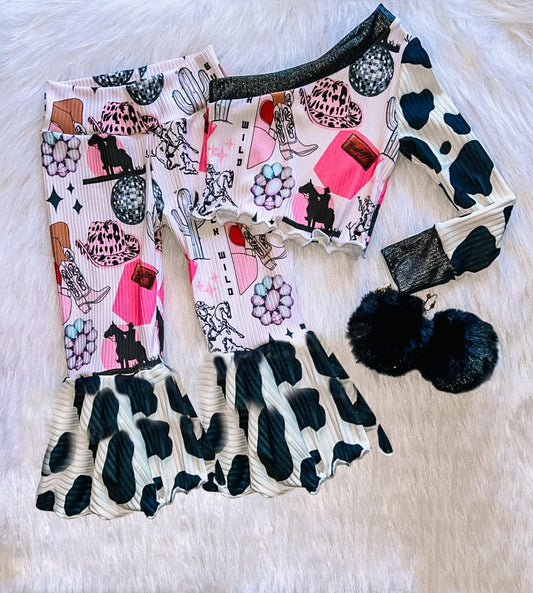 custom moq 3 Western boot cactus turquoise one-sleeve pants girls set