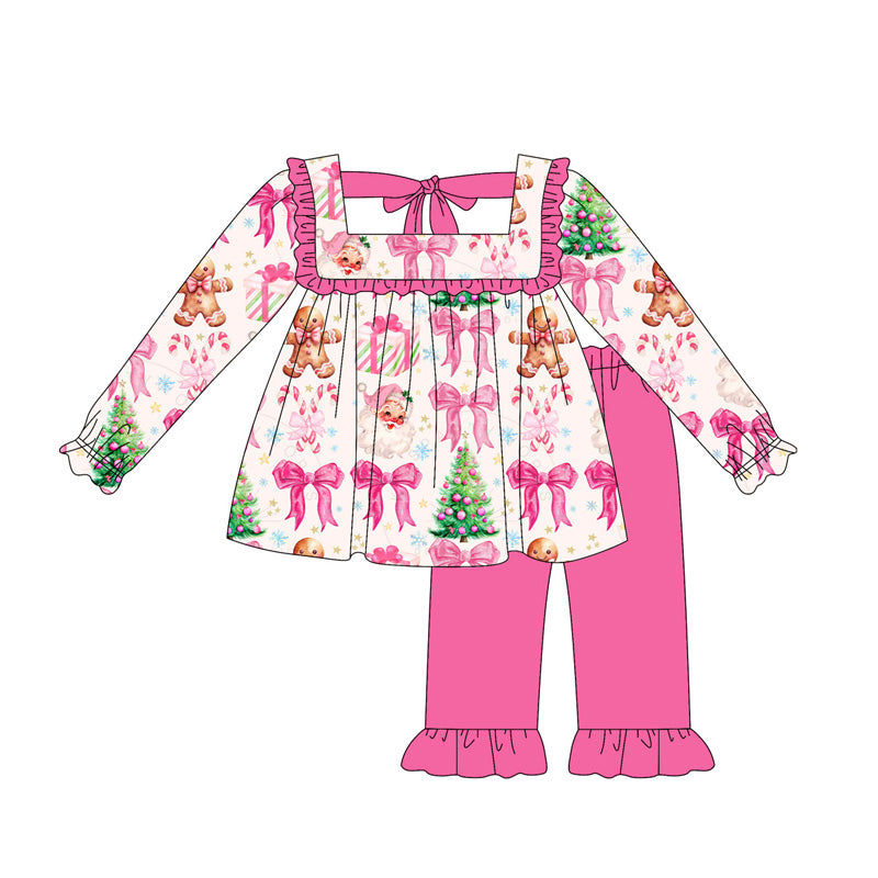 preorder GLP2354 Christmas Santa gingerbread man hot pink bows long sleeve pants girls set