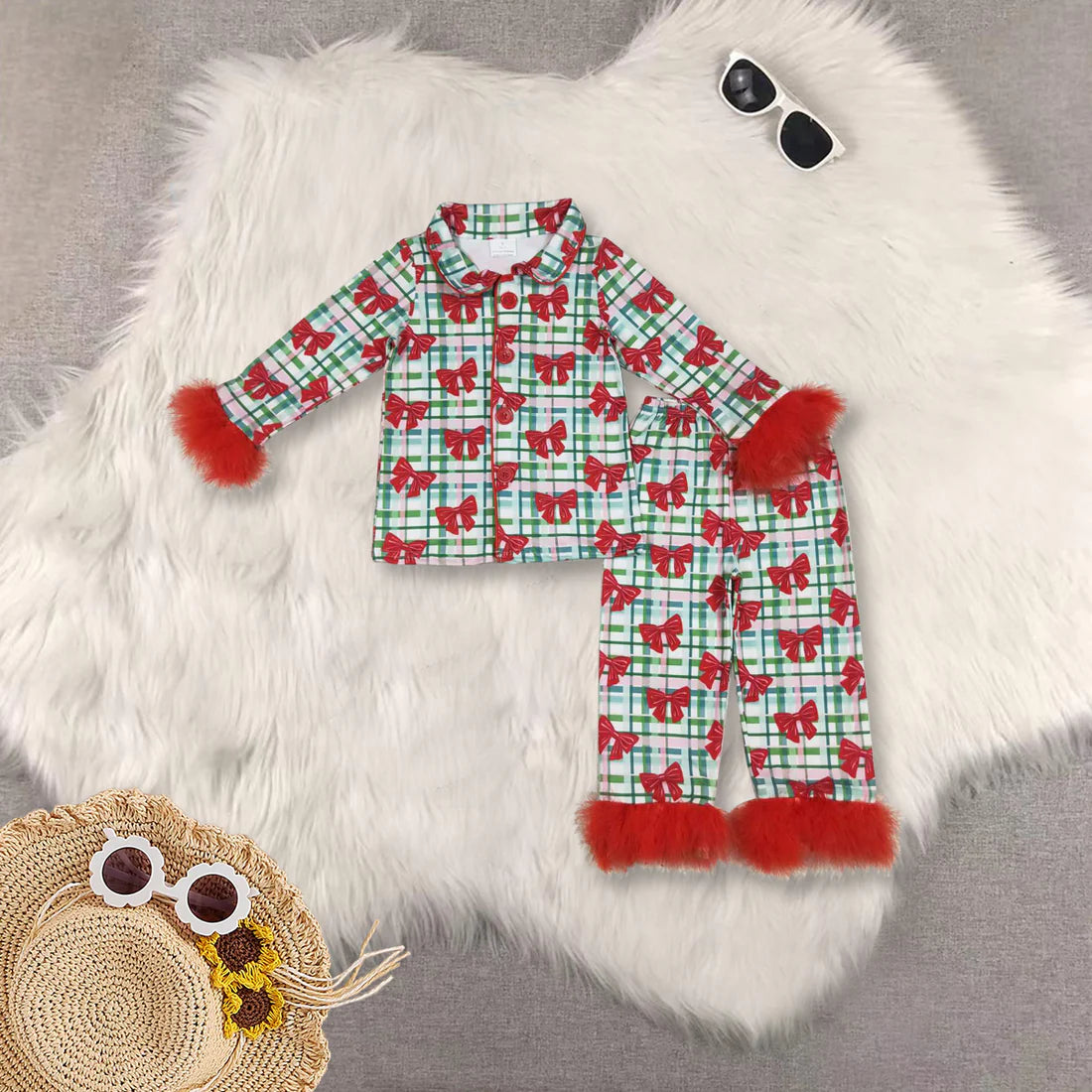 Christmas colorful fur girls pajamas RTS sibling clothes
