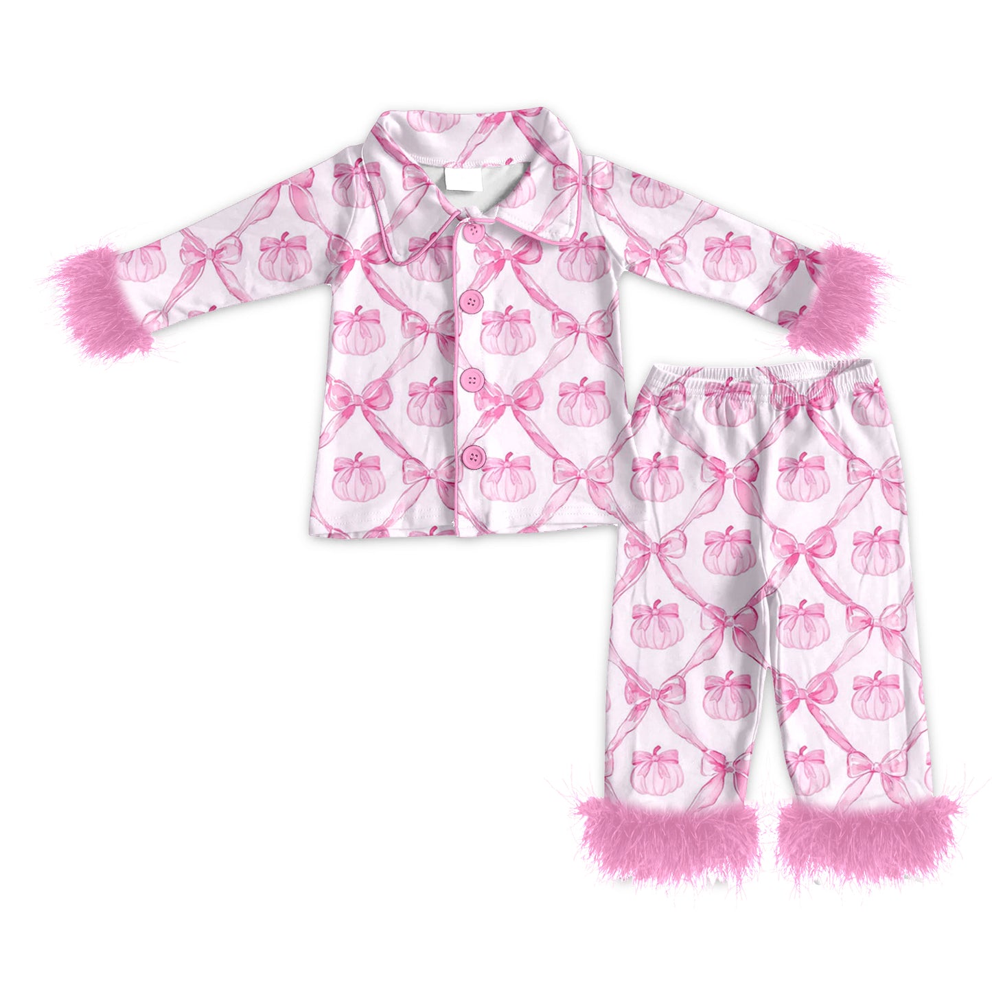 preorder GLP2377 pink pumpkin bows long sleeve pants girls fur pajamas