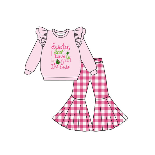 preorder GLP2381 Christmas Santa i dont i have to be good pink long sleeve checkered pants girls set