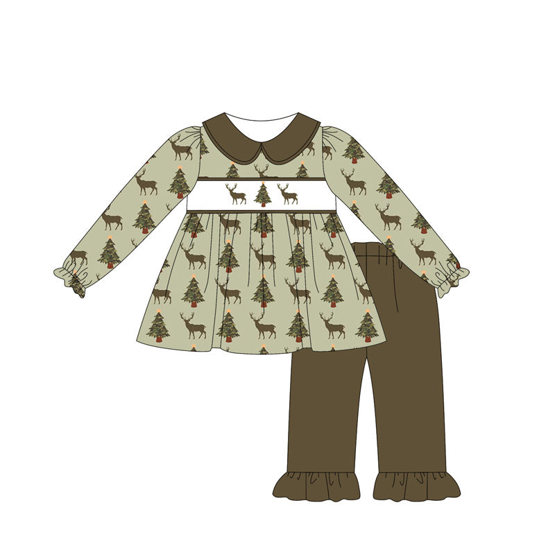 preorder GLP2392 hunting deer tree long sleeve dark green pants girls set