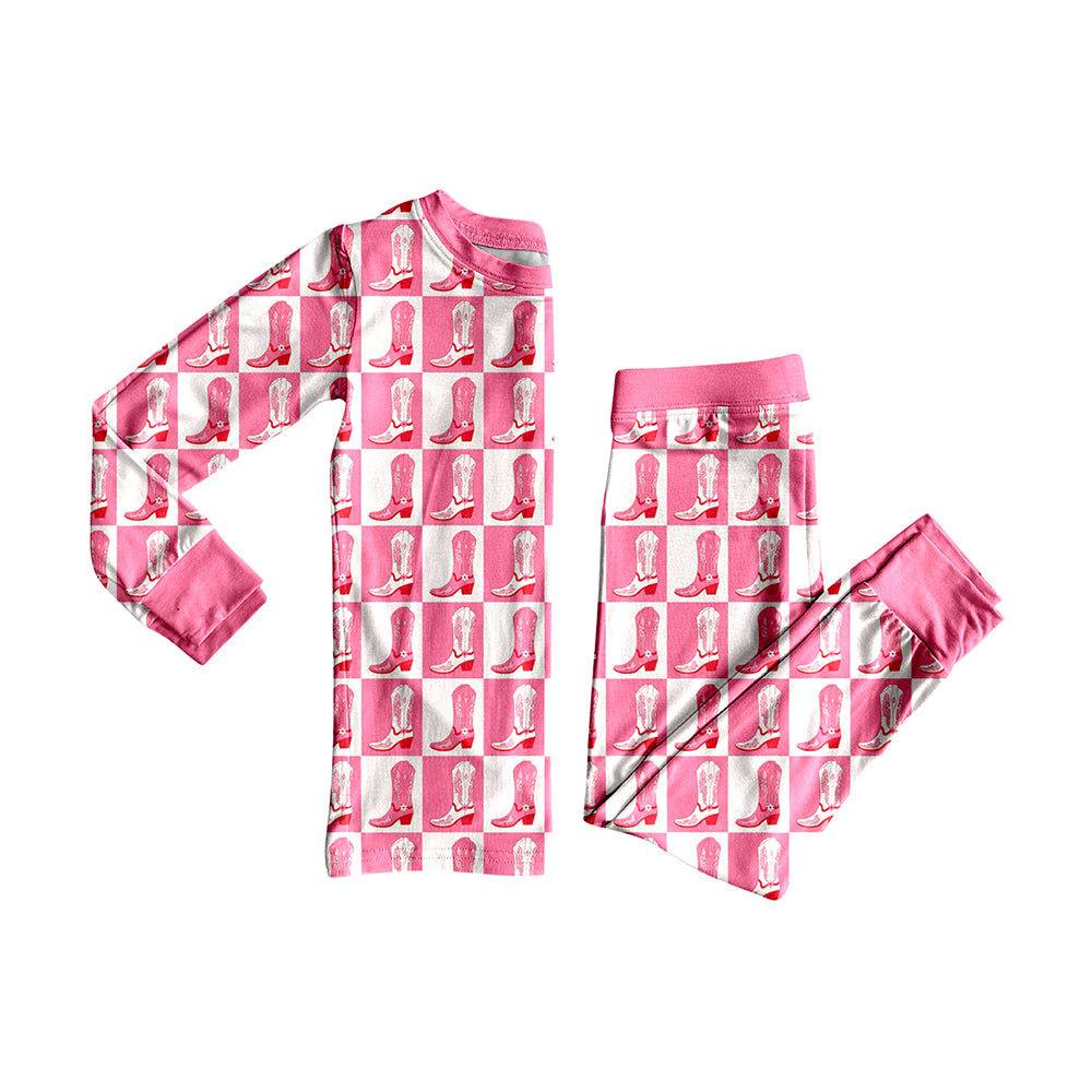 preorder GLP2394 Western pink checkered boots long sleeve pants girls pajamas