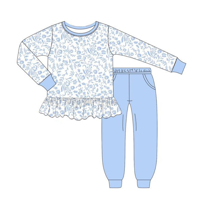 preorder GLP2406 blue flowers floral long sleeve blue pants girls set
