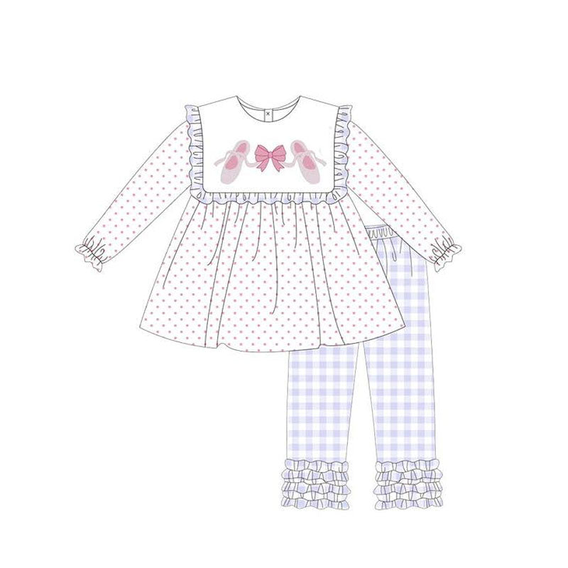 preorder GLP2408 dance shoe bow pink dot long sleeve purple checkered pants girls set