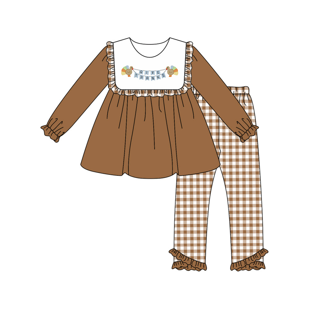 preorder GLP2431 give thanks thanksgiving turkey brown long sleeve checkered pants girls set