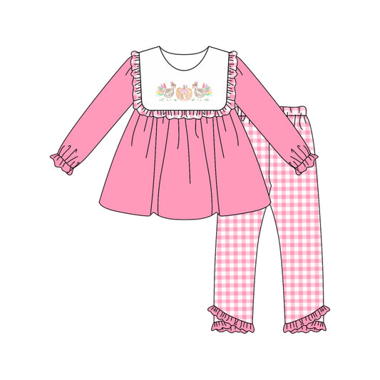 preorder GLP2432 thanksgiving turkey pumpkin pink long sleeve checkered pants girls set