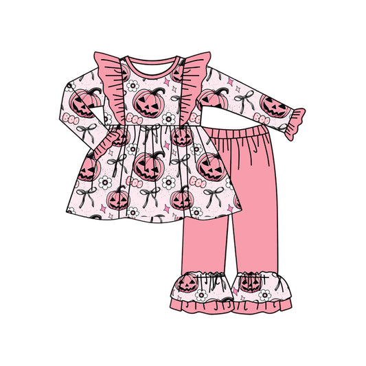 preorder GLP2434 Halloween pumpkin boo flowers bow pink long sleeve pants girls set