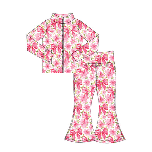 preorder GLP2437 yoga hot pink flowers bows zipper long sleeve pants girls set