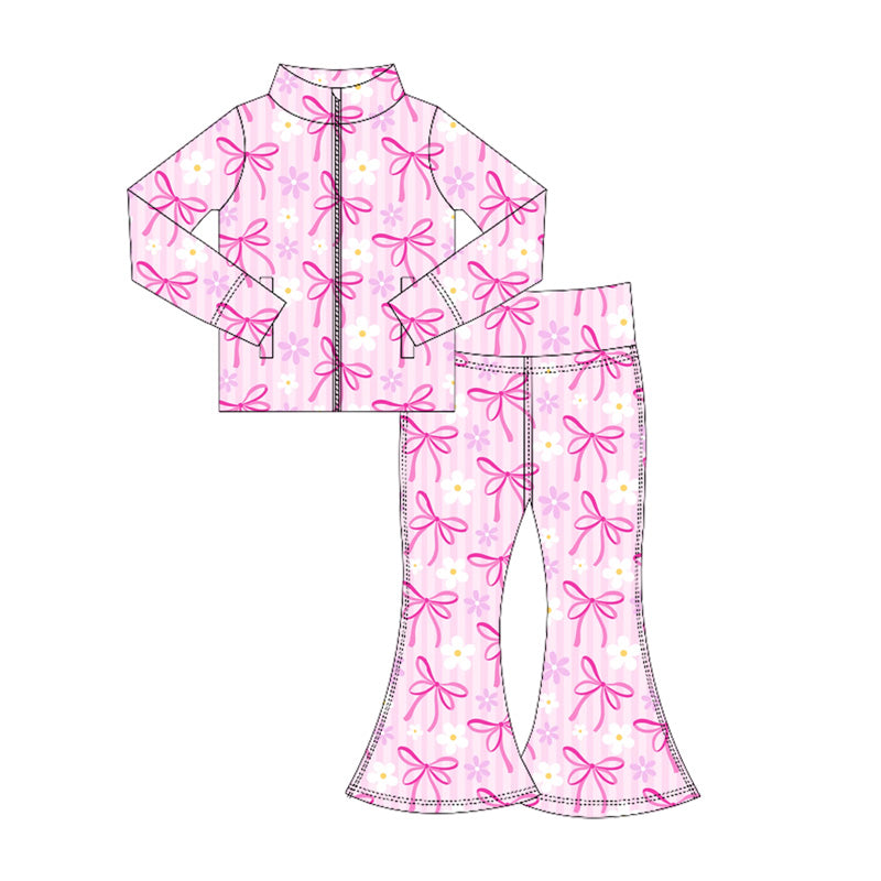 preorder GLP2438 yoga hot pink flowers bows zipper long sleeve pants girls set