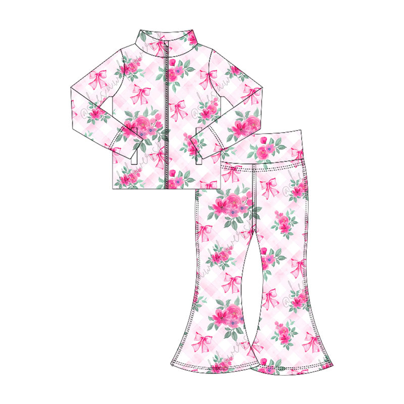 preorder GLP2439 yoga hot pink flowers bows zipper long sleeve pants girls set