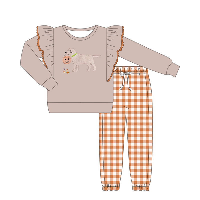 preorder GLP2446 Halloween dog pumpkin khaki long sleeve orange checkered pants girls set