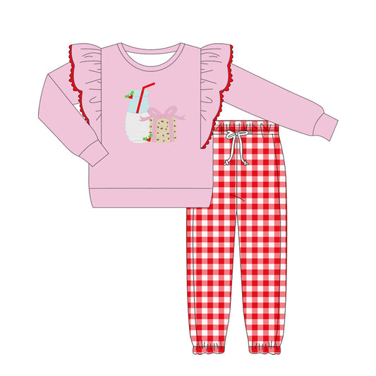 preorder GLP2447 Christmas holly berry milk pink long sleeve red checkered pants girls set