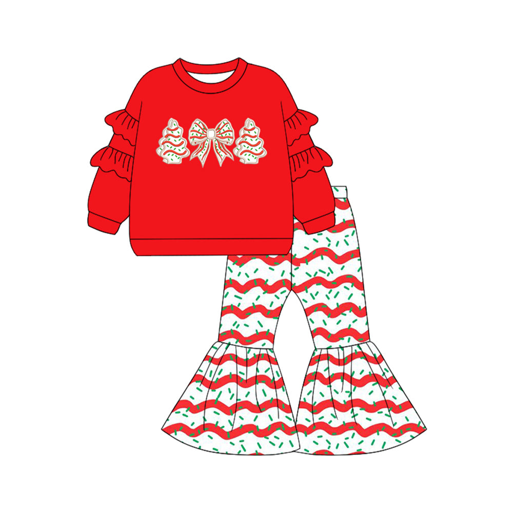 preorder GLP2449 Christmas season tree bow red long sleeve panst girls set