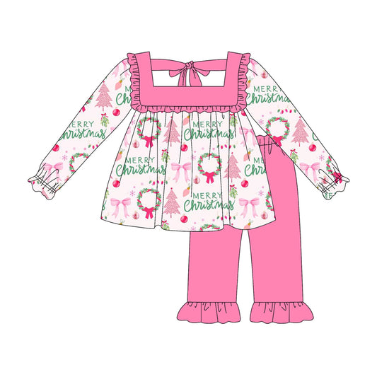 preorder GLP2454 Merry Christmas bows tree hot pink long sleeve pants girls set