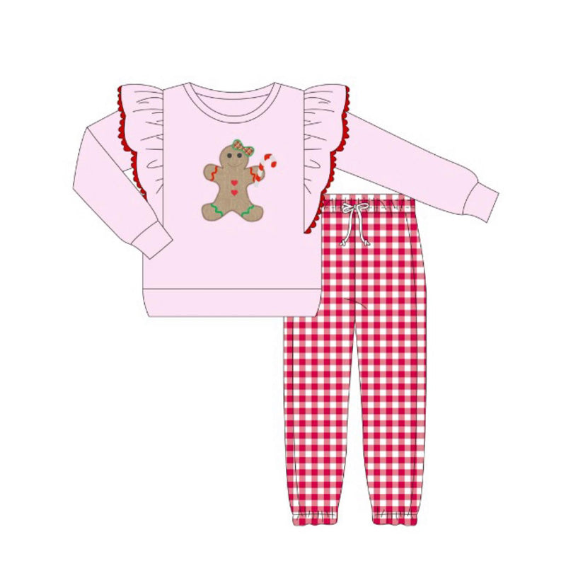 preorder GLP2455 Christmas gingerbread man pink long sleeve red checkered pants girls set