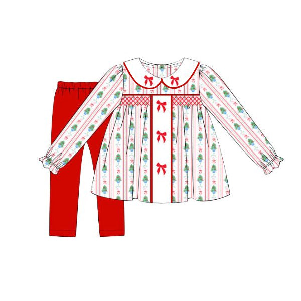 preorder GLP2475 Christmas tree bows long sleeve red pants girls set