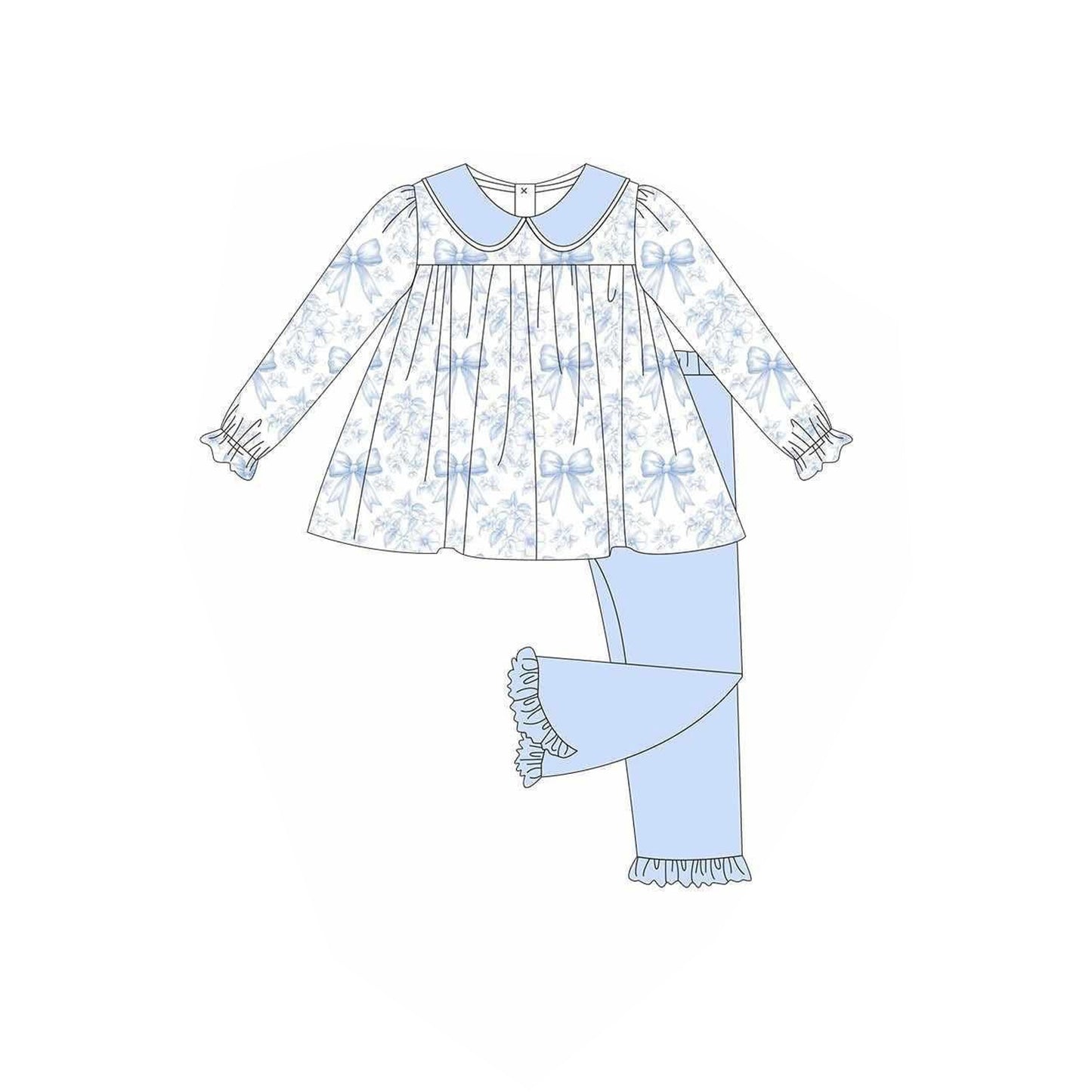 preorder GLP2479 blue flowers bows long sleeve blue pants girls set