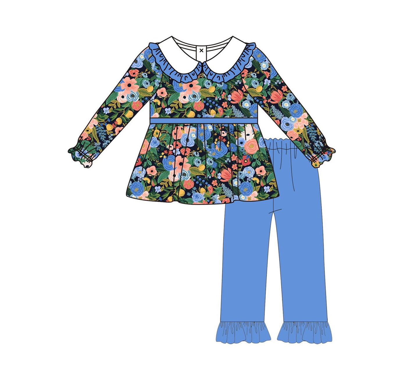 preorder GLP2481 colorful flowers long sleeve blue pants girls set