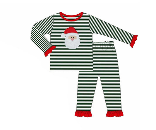 preorder GLP2488 Christmas Santa green striped long sleeve pants girls pajamas