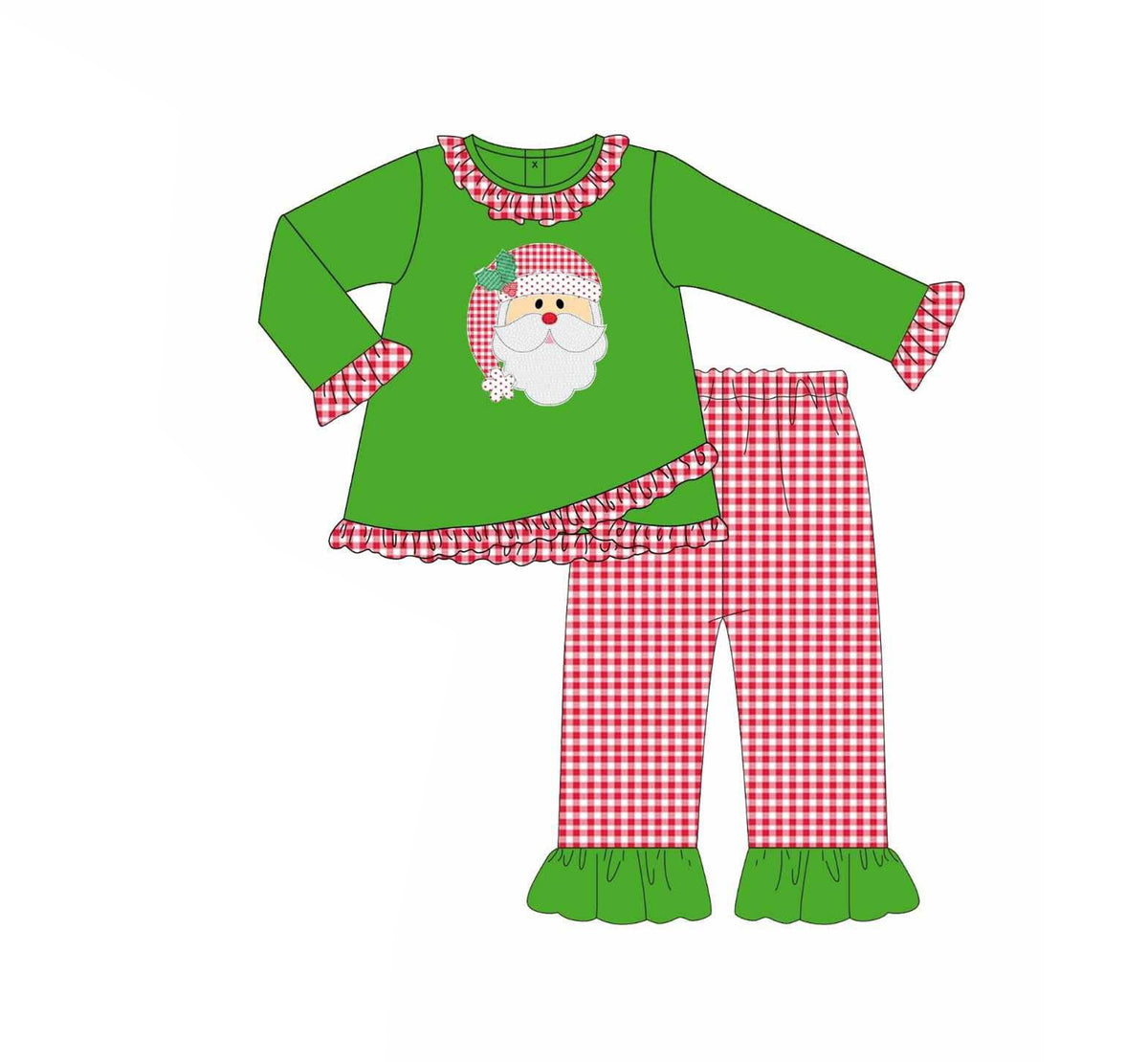 preorder GLP2489 Christmas Santa green long sleeve red checkered pants girls set
