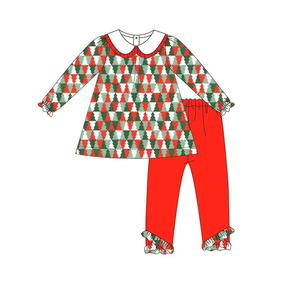 preorder GLP2495 Christmas green tree long sleeve red pants girls set