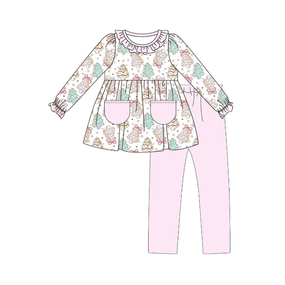 preorder GLP2497 Christmas tree season cake pocket long sleeve pink pants girls set