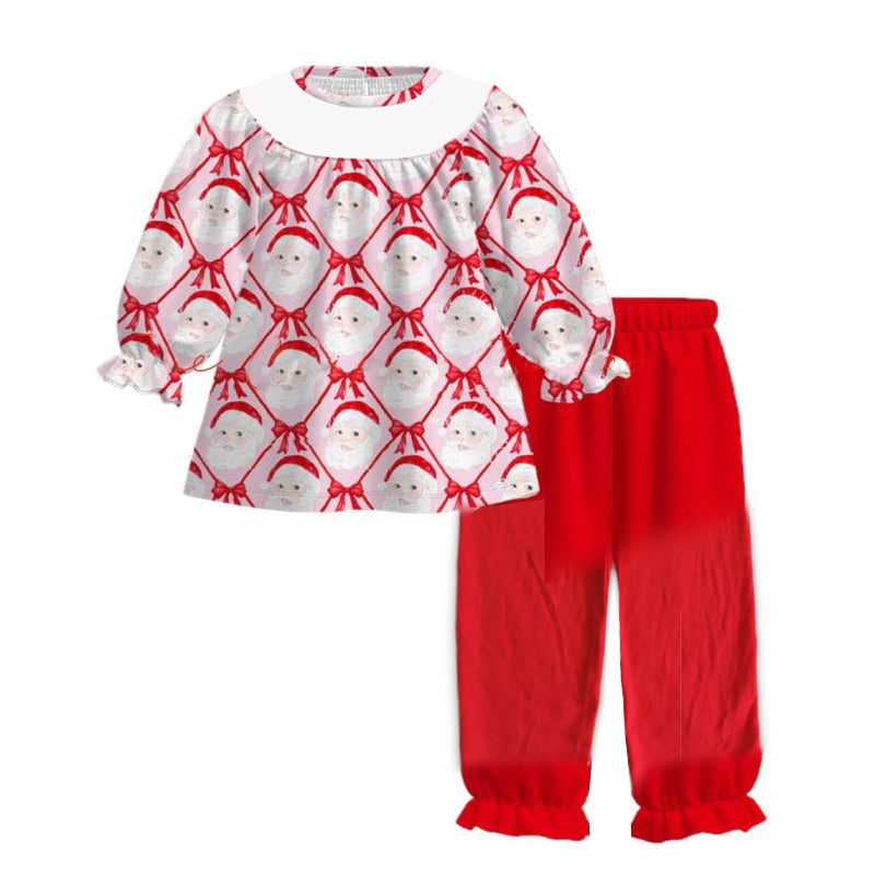 preorder GLP2501 Christmas Santa red bows long sleeve red pants girls set