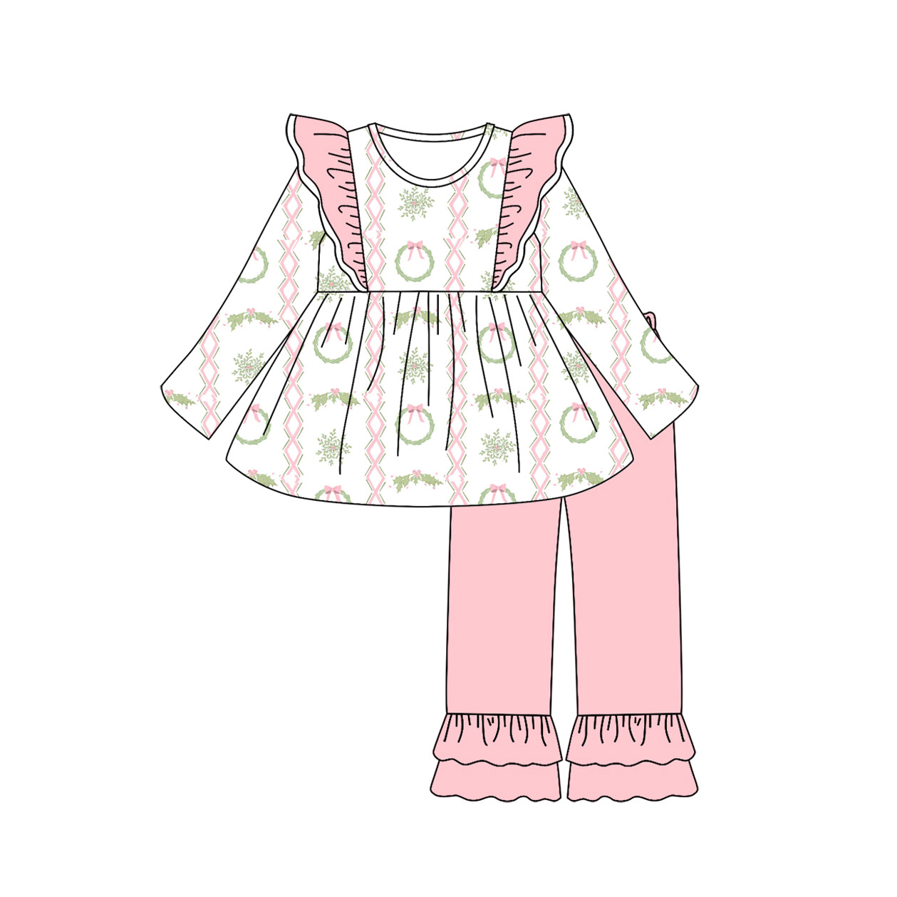 preorder GLP2509 Christmas holly berry ruffles long sleeve pink pants girls set