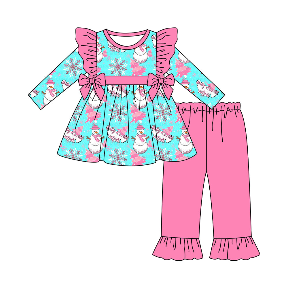 preorder GLP2510 Christmas snowman bows ruffles blue long sleeve hot pink pants girls set