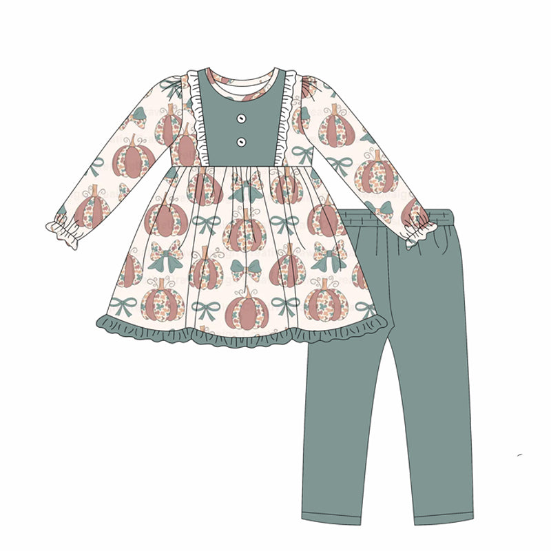 preorder GLP2517 camo/leopard pumpkin bows long sleeve green pants girls set