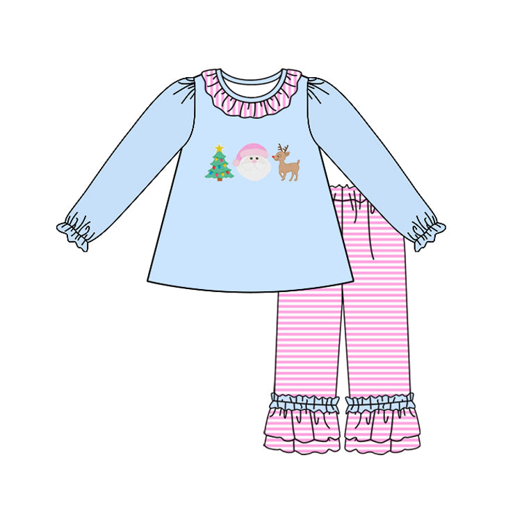preorder GLP2519 Christmas Santa tree deer blue long sleeve pink striped pants girls set