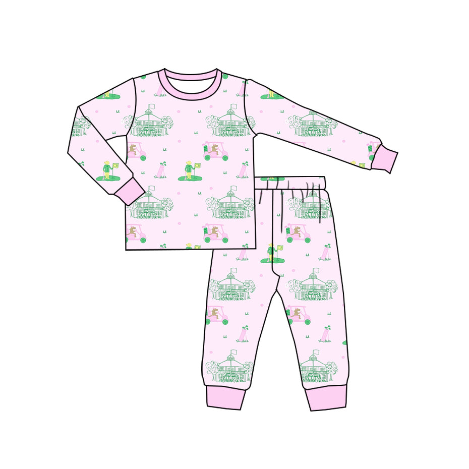 preorder GLP2524 cartoon golf car dog pink long sleeve pants girls pajamas