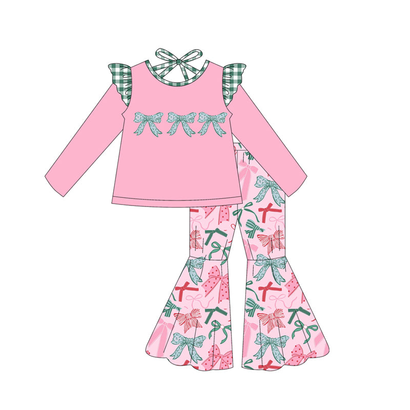 preorder GLP2531 bows pink ruffles long sleeve colorful bows pants girls dress