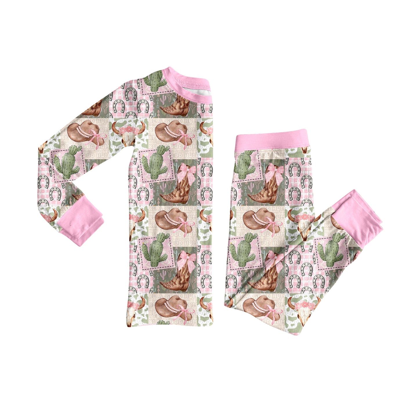 preorder GLP2534 Western boot cactus hat pink bows long sleeve pants girls pajamas