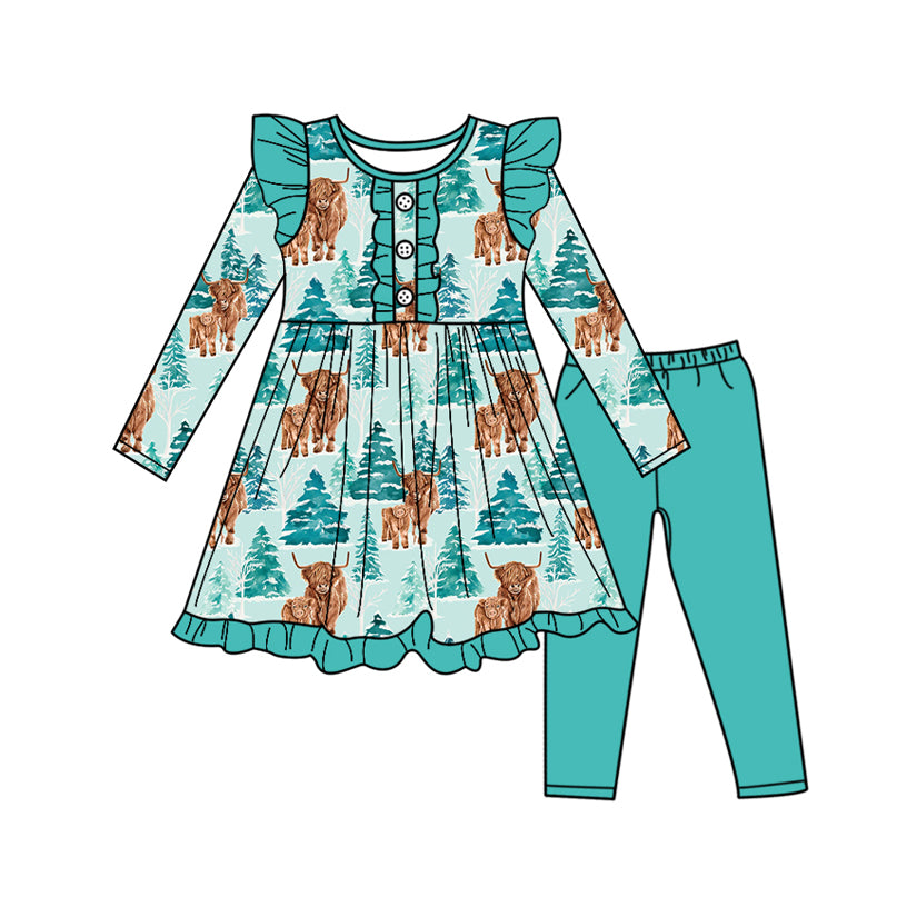 preorder GLP2537 highland cow tree green long sleeve pants girls set