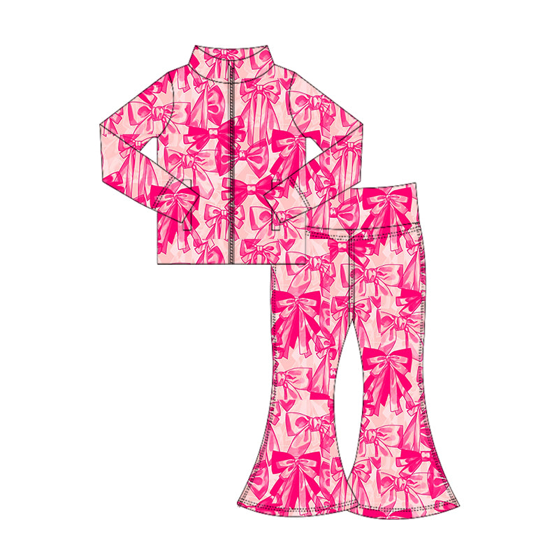 preorder GLP2538 yoga hot pink bows zipper long sleeve pants girls set