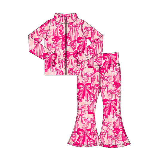 preorder GLP2538 yoga hot pink bows zipper long sleeve pants girls set