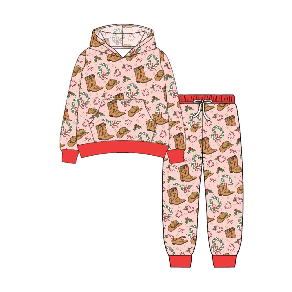 preorder GLP2543 Christmas boot bows candy cane pocket hoodie long sleeve pants girls set