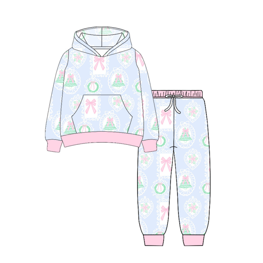 preorder GLP2544 Christmas pink bows tree blue pocket hoodie long sleeve pants girls set