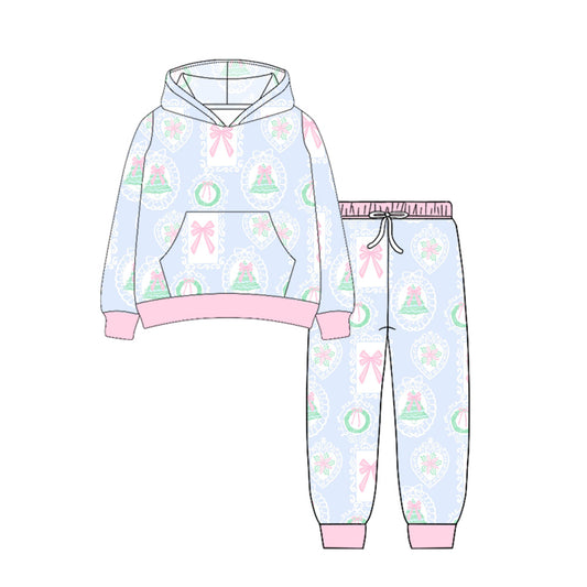 preorder GLP2544 Christmas pink bows tree blue pocket hoodie long sleeve pants girls set