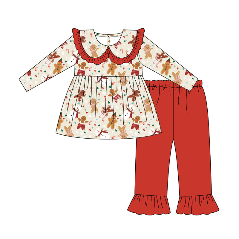 preorder GLP2548 Christmas gingerbread man long sleeve red pants girls set
