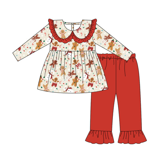 preorder GLP2548 Christmas gingerbread man long sleeve red pants girls set