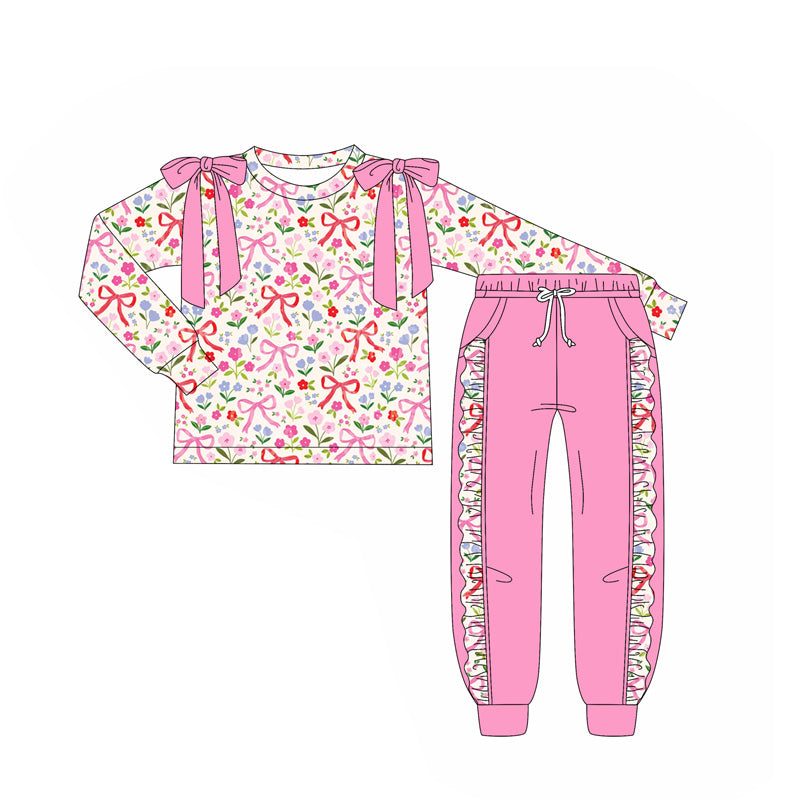 preorder GLP2552 colorful flowers floral bows long sleeve pink pants girls set