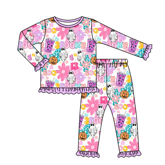 Custom moq 20 bamboo Halloween spooky flowers purple long sleeve pants girls pajamas